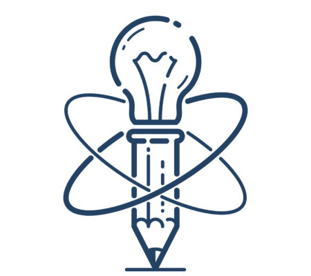 Pencil with light bulb and atom vector simple linear icon, education science physics line art symbol, scientific technology ideas creative solution.